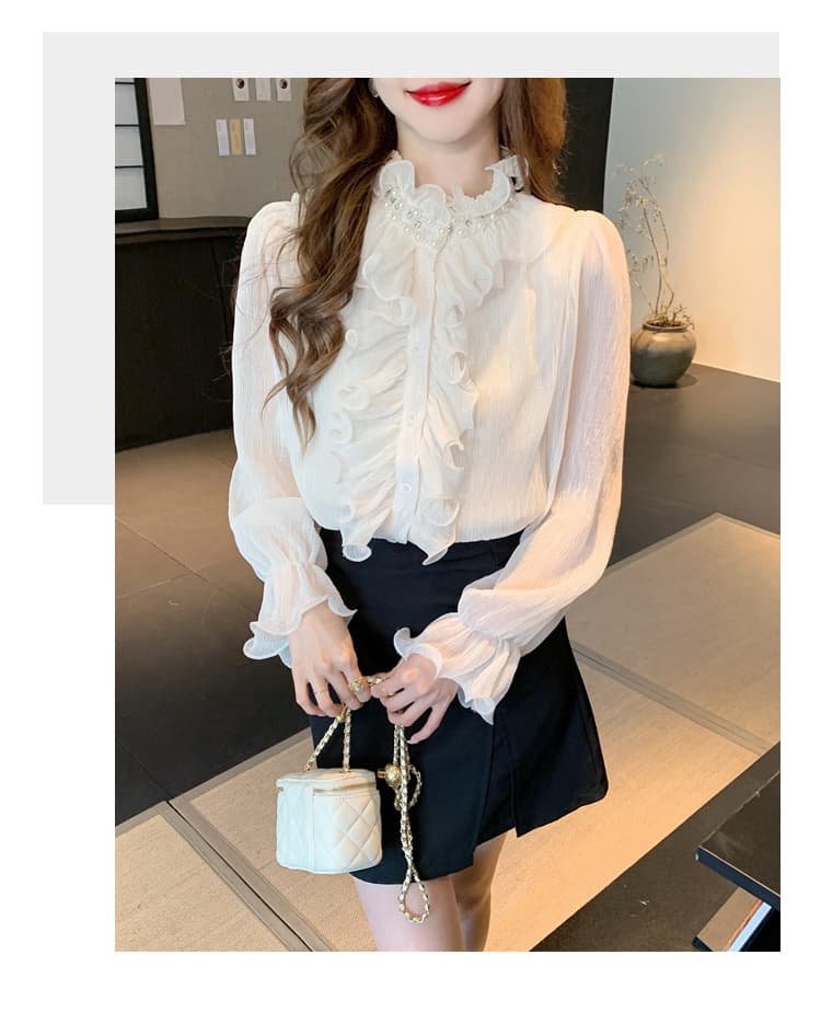 2026 봄 실사 프랑스식 레트로 궁정 바람 프릴 여성 셔츠 디자인 센스 고급 스탠드 칼라 외국 가스 셔츠 상세 이미지 12