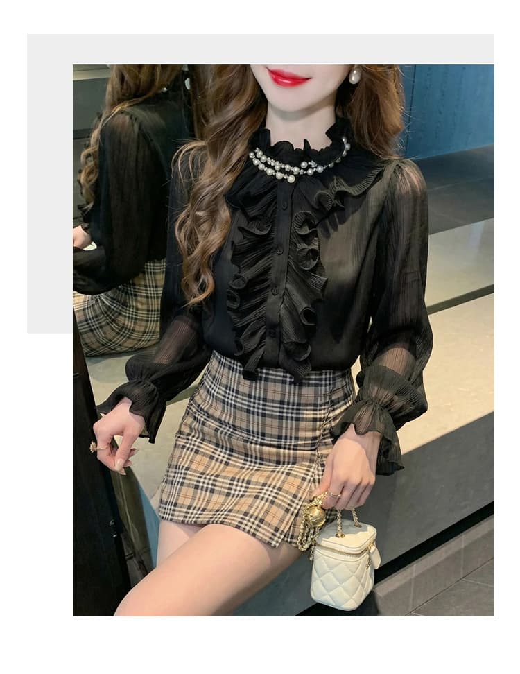 2026 봄 실사 프랑스식 레트로 궁정 바람 프릴 여성 셔츠 디자인 센스 고급 스탠드 칼라 외국 가스 셔츠 상세 이미지 23