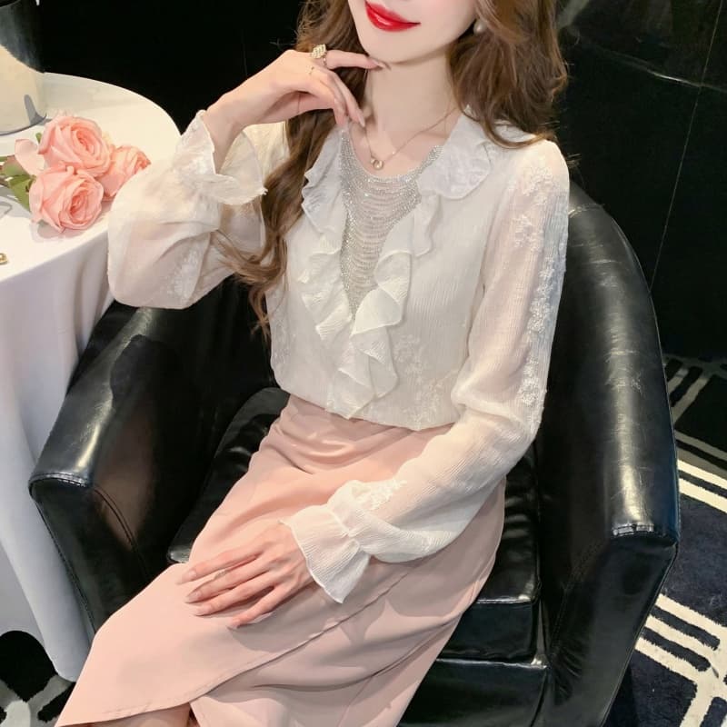 2026 봄 실사 패션 디자인 센스 프릴 V넥 시폰 셔츠 여성 루즈핏 품격 잘 생긴 아름다운 맨위