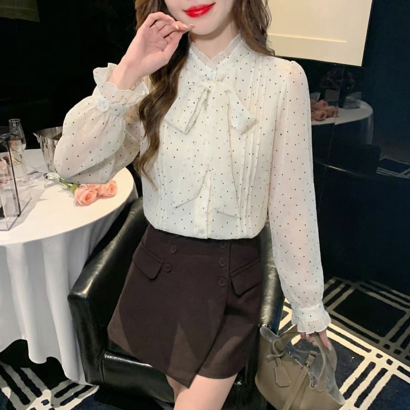 2026 가을 실사 프랑스식 나비 넥타이 도트 무늬 긴팔 여성 셔츠 품격 연령 감소 작은 셔츠 Chic 맨위 이미지 2