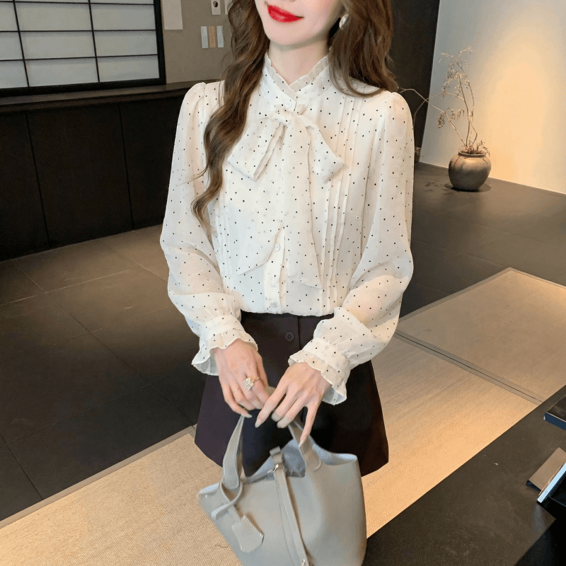 2026 가을 실사 프랑스식 나비 넥타이 도트 무늬 긴팔 여성 셔츠 품격 연령 감소 작은 셔츠 Chic 맨위 이미지 4