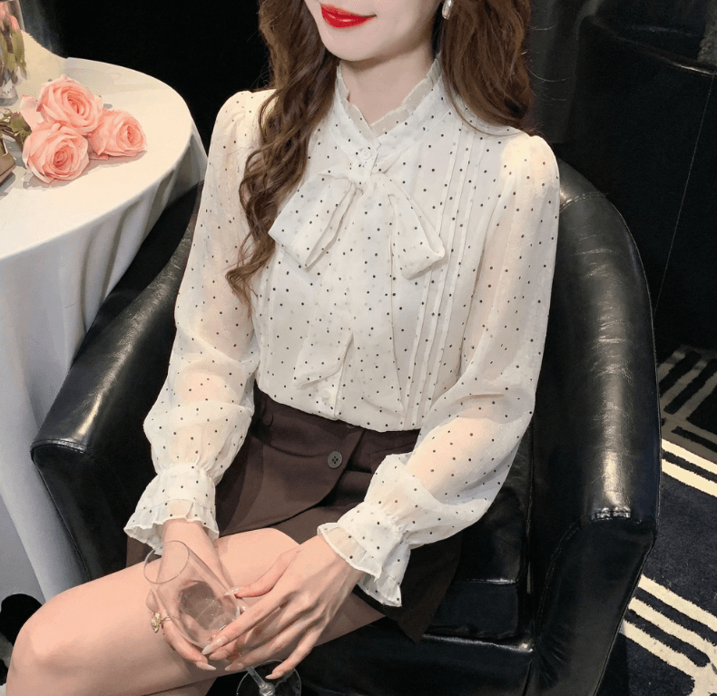 2026 가을 실사 프랑스식 나비 넥타이 도트 무늬 긴팔 여성 셔츠 품격 연령 감소 작은 셔츠 Chic 맨위 상세 이미지 13