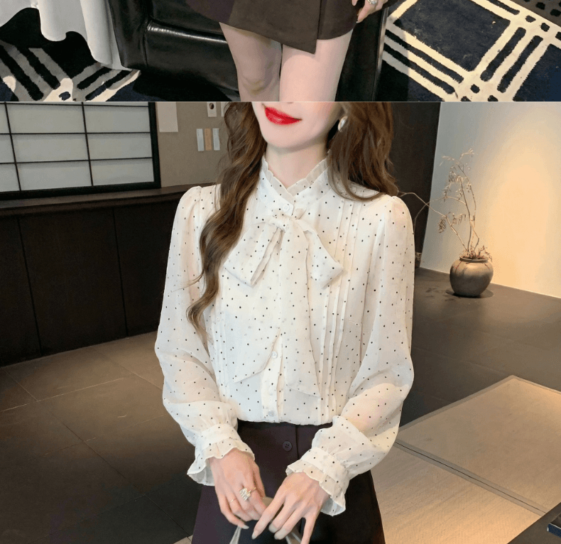 2026 가을 실사 프랑스식 나비 넥타이 도트 무늬 긴팔 여성 셔츠 품격 연령 감소 작은 셔츠 Chic 맨위 상세 이미지 16