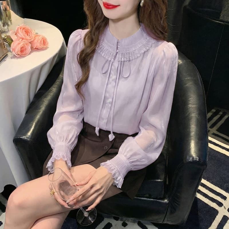 2026 가을 실사 향기로운 백주 유리 프랑스식 품격 레이스 폴로 칼라 여성 셔츠 절묘한 인사이드 가져 가라. 만나는 맨위 이미지 4