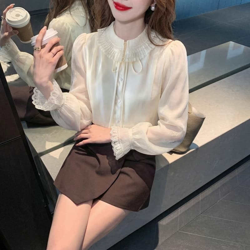 2026 가을 실사 향기로운 백주 유리 프랑스식 품격 레이스 폴로 칼라 여성 셔츠 절묘한 인사이드 가져 가라. 만나는 맨위 이미지 3