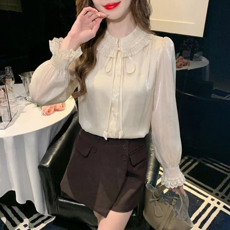 2026 가을 실사 향기로운 백주 유리 프랑스식 품격 레이스 폴로 칼라 여성 셔츠 절묘한 인사이드 가져 가라. 만나는 맨위
