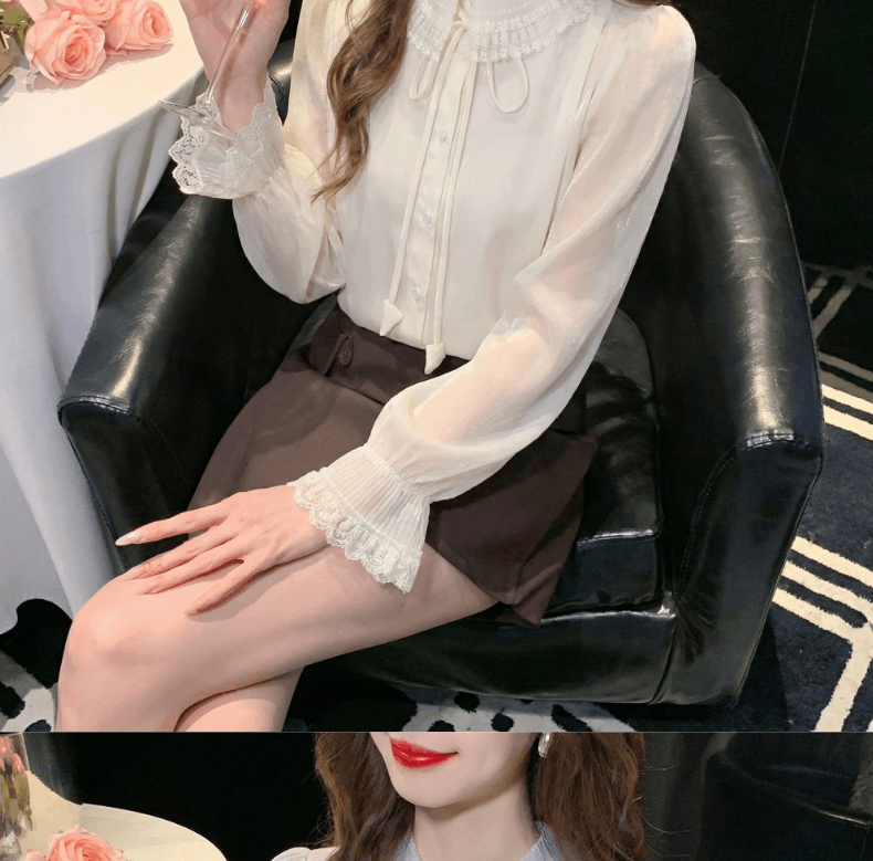 2026 가을 실사 향기로운 백주 유리 프랑스식 품격 레이스 폴로 칼라 여성 셔츠 절묘한 인사이드 가져 가라. 만나는 맨위 상세 이미지 13