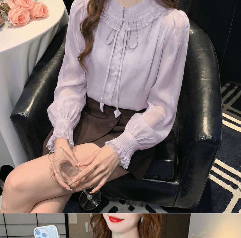 2026 가을 실사 향기로운 백주 유리 프랑스식 품격 레이스 폴로 칼라 여성 셔츠 절묘한 인사이드 가져 가라. 만나는 맨위 상세 이미지 14