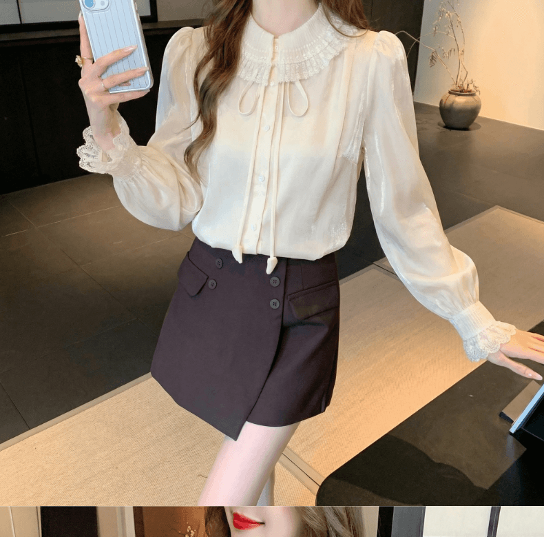 2026 가을 실사 향기로운 백주 유리 프랑스식 품격 레이스 폴로 칼라 여성 셔츠 절묘한 인사이드 가져 가라. 만나는 맨위 상세 이미지 15
