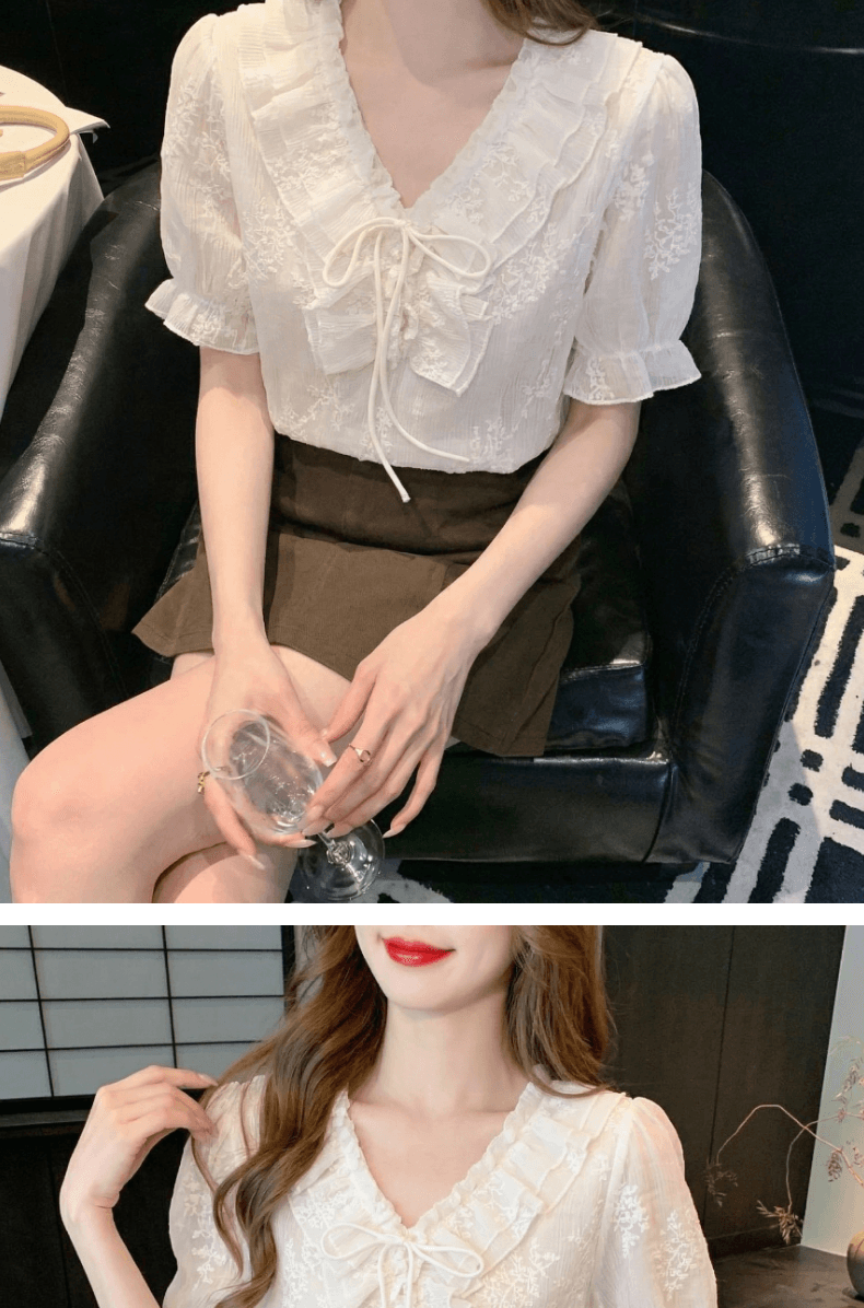 2026 실사 여름 프랑스식 품격 프릴 V넥 여성 셔츠 고급 센스 주름 장식 레이스업 반팔 맨위 여성 상세 이미지 8