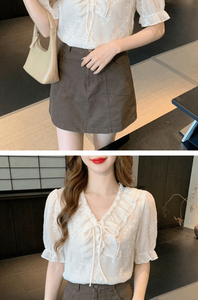 2026 실사 여름 프랑스식 품격 프릴 V넥 여성 셔츠 고급 센스 주름 장식 레이스업 반팔 맨위 여성 상세 이미지 9