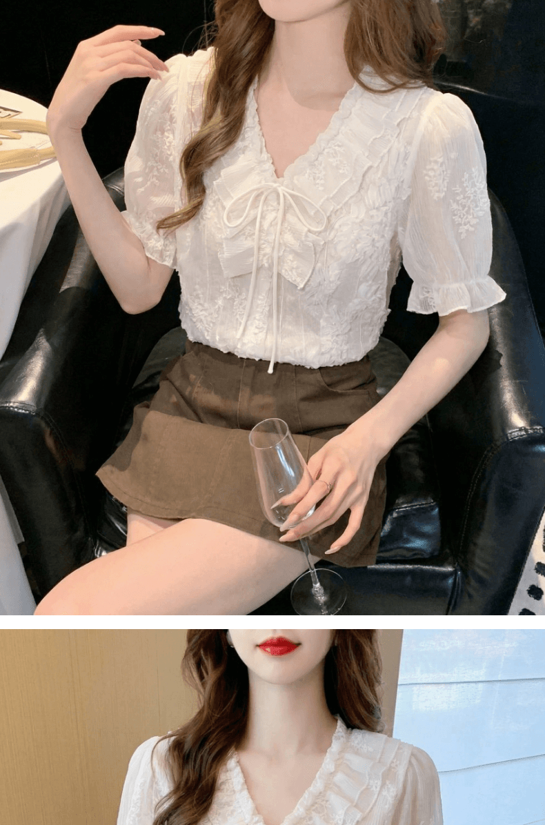 2026 실사 여름 프랑스식 품격 프릴 V넥 여성 셔츠 고급 센스 주름 장식 레이스업 반팔 맨위 여성 상세 이미지 12