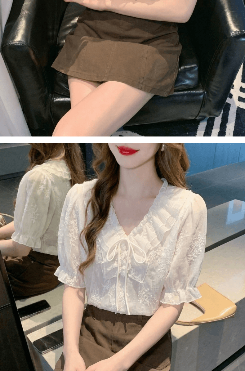 2026 실사 여름 프랑스식 품격 프릴 V넥 여성 셔츠 고급 센스 주름 장식 레이스업 반팔 맨위 여성 상세 이미지 14