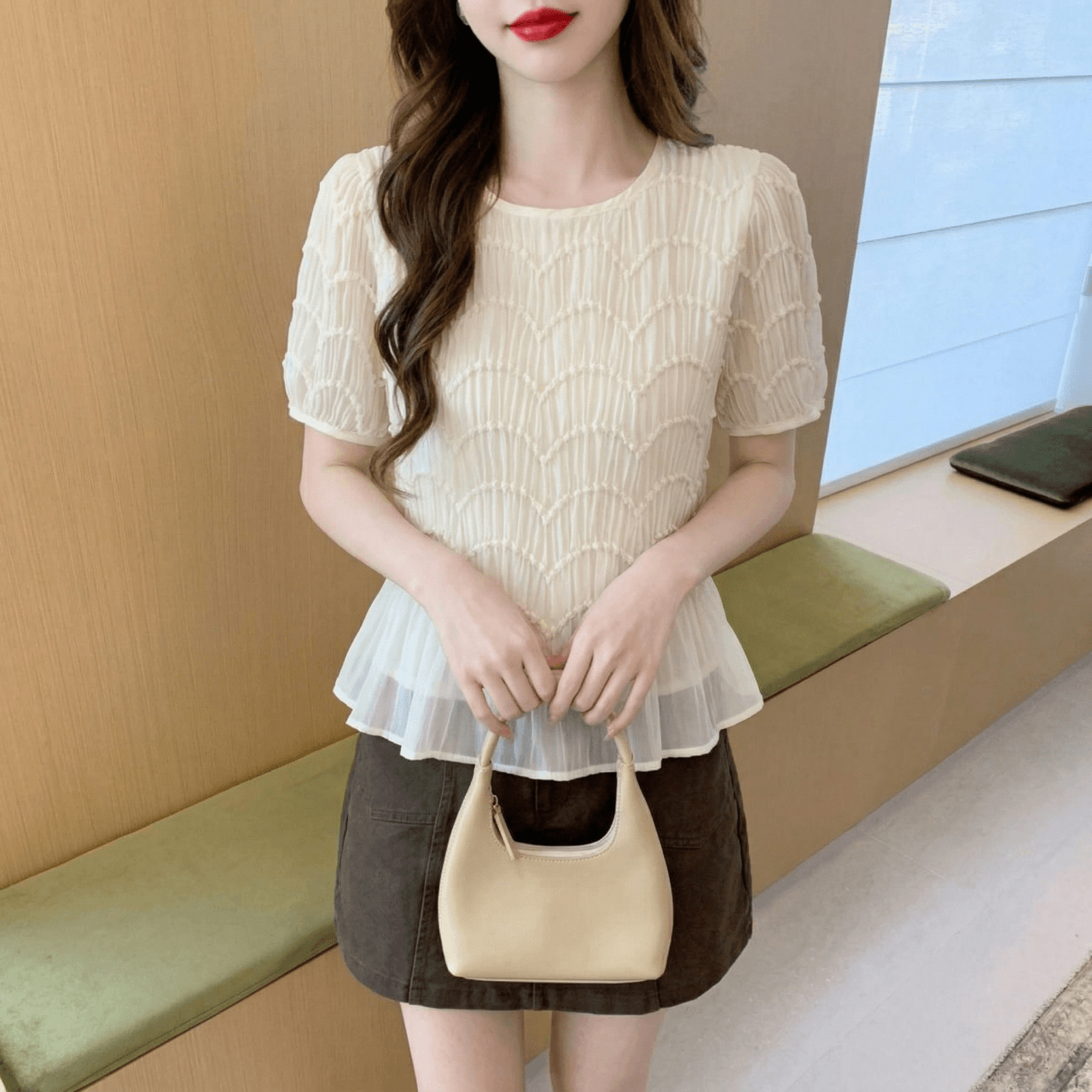 2026 실사 여름 프랑스식 물결무늬 곡물 쉬폰 반팔 여성 셔츠 고급 디자인 센스 주름 프릴 맨위 이미지 4