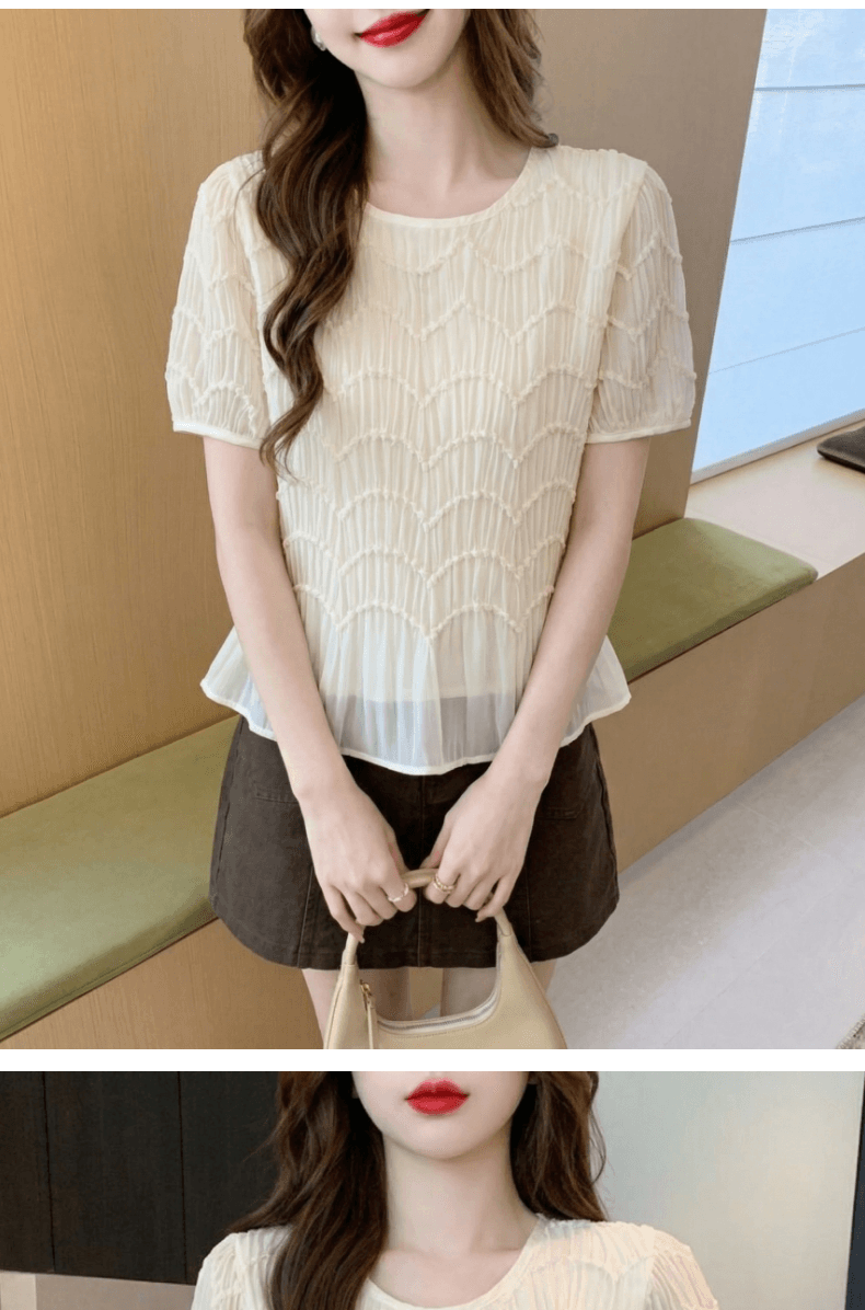 2026 실사 여름 프랑스식 물결무늬 곡물 쉬폰 반팔 여성 셔츠 고급 디자인 센스 주름 프릴 맨위 상세 이미지 16