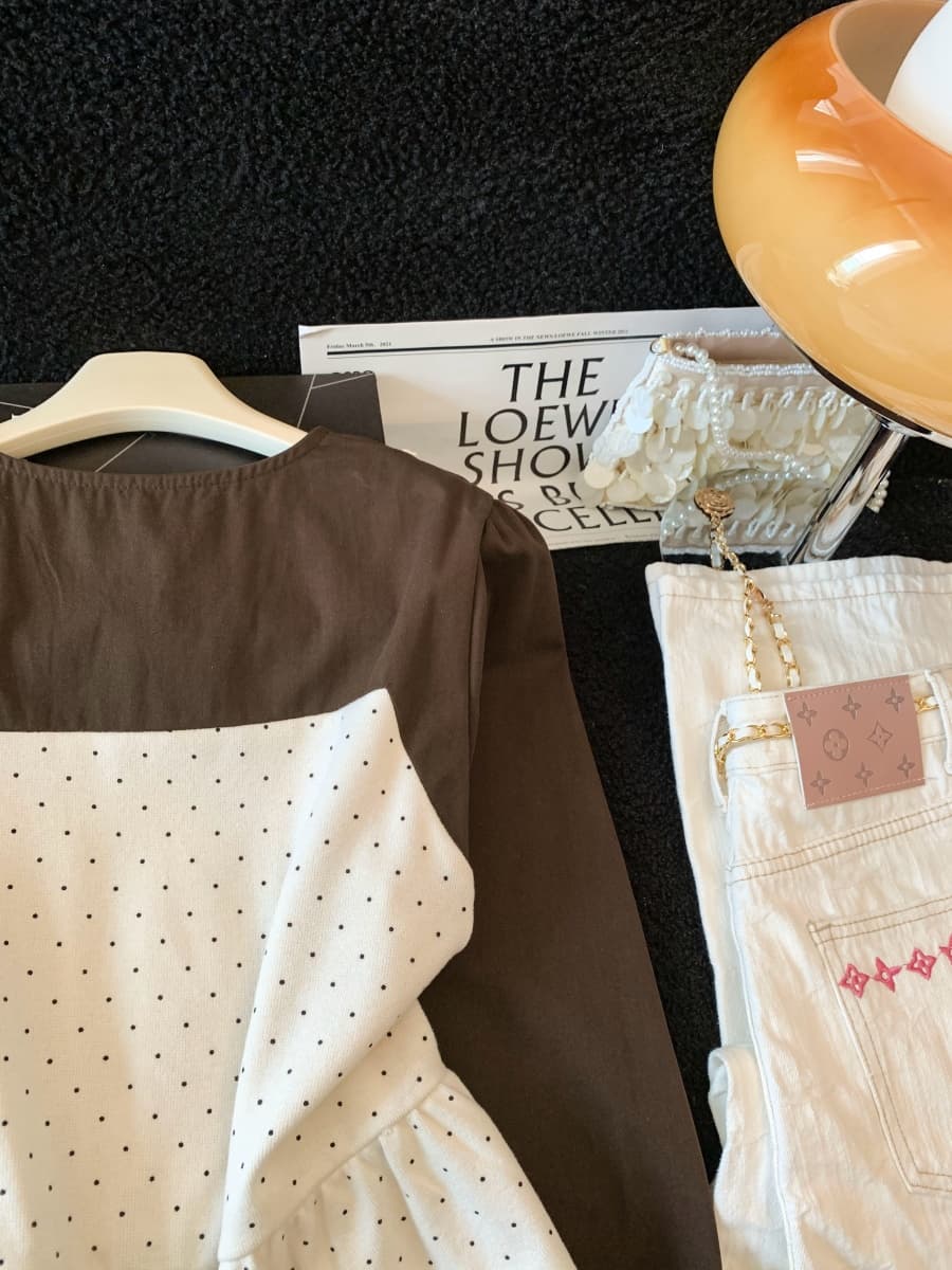 2026 실사 가을 센 부서 달콤함 도트 무늬 페이크 레이어드 셔츠 여성 레이스 레이스 슬립 패치워크 허리 수축 맨위 상세 이미지 17
