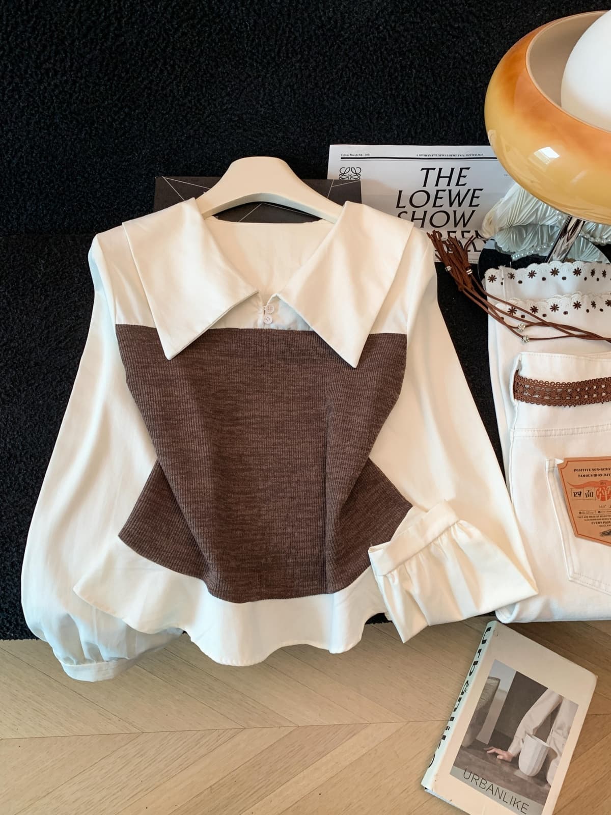 2026 실사 가을 아름다움 라드. 페이크 레이어드 패치워크 여성 셔츠 빅 칼라 거품 소매 프릴 배색 맨위 상세 이미지 3