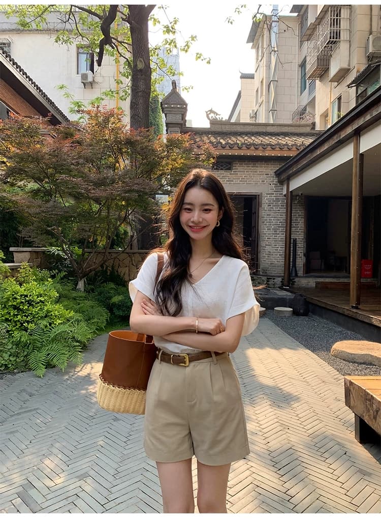 pusumede 빛 조직 센스 100 아마 접기 측면 소매 여성 셔츠 익스트림 제인 V넥 작은 셔츠 루즈핏 반팔 맨위 상세 이미지 9