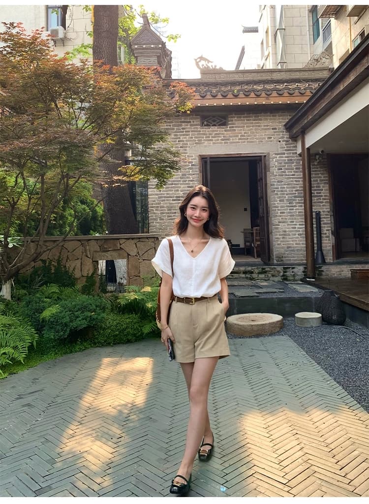 pusumede 빛 조직 센스 100 아마 접기 측면 소매 여성 셔츠 익스트림 제인 V넥 작은 셔츠 루즈핏 반팔 맨위 상세 이미지 10