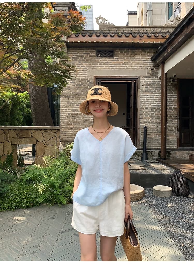 pusumede 빛 조직 센스 100 아마 접기 측면 소매 여성 셔츠 익스트림 제인 V넥 작은 셔츠 루즈핏 반팔 맨위 상세 이미지 20
