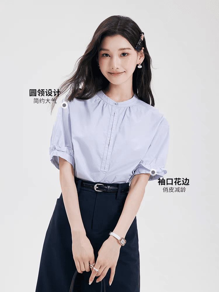 연령 감소 이동 클래스 맛 파란색 반팔 여성 셔츠 대학생 라운드 넥 출퇴근 셔츠 여자 여름 맨위 이미지 2