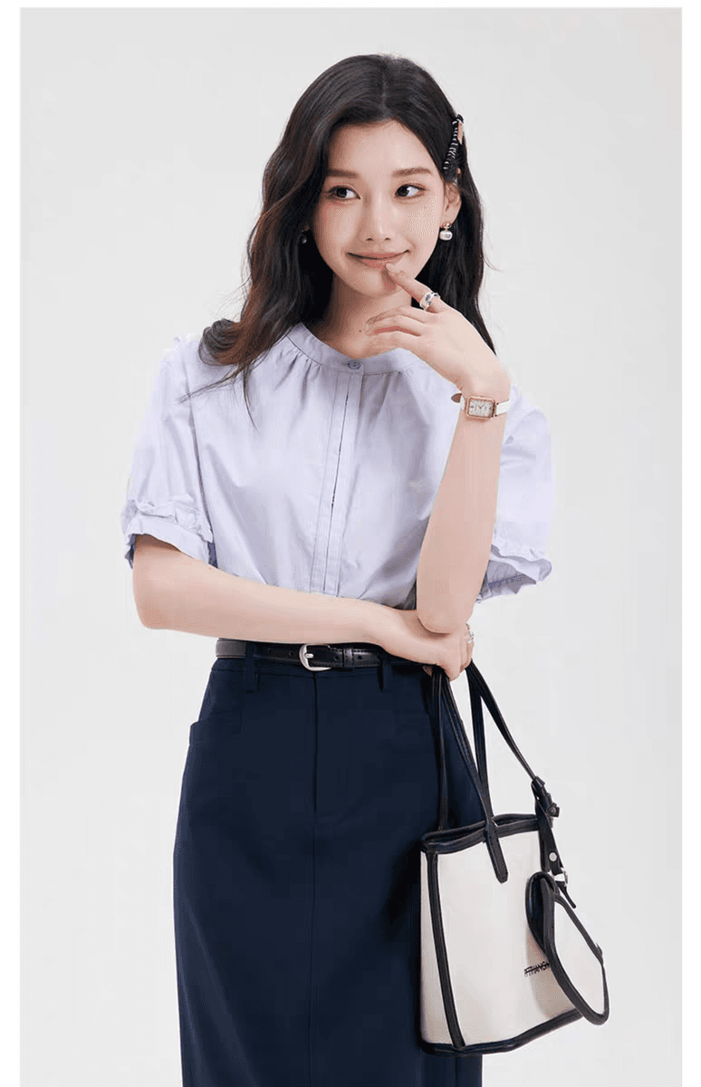 연령 감소 이동 클래스 맛 파란색 반팔 여성 셔츠 대학생 라운드 넥 출퇴근 셔츠 여자 여름 맨위 상세 이미지 12