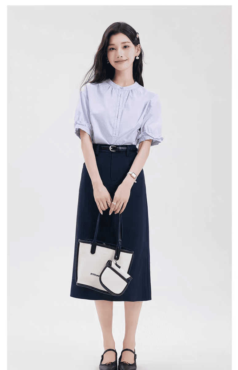 연령 감소 이동 클래스 맛 파란색 반팔 여성 셔츠 대학생 라운드 넥 출퇴근 셔츠 여자 여름 맨위 상세 이미지 14