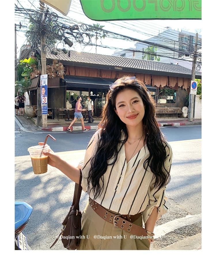 밀 귀 자카드 자수 질감 스트라이프 셔츠 출퇴근 디자인 센스 루즈핏 맨위 상세 이미지 8
