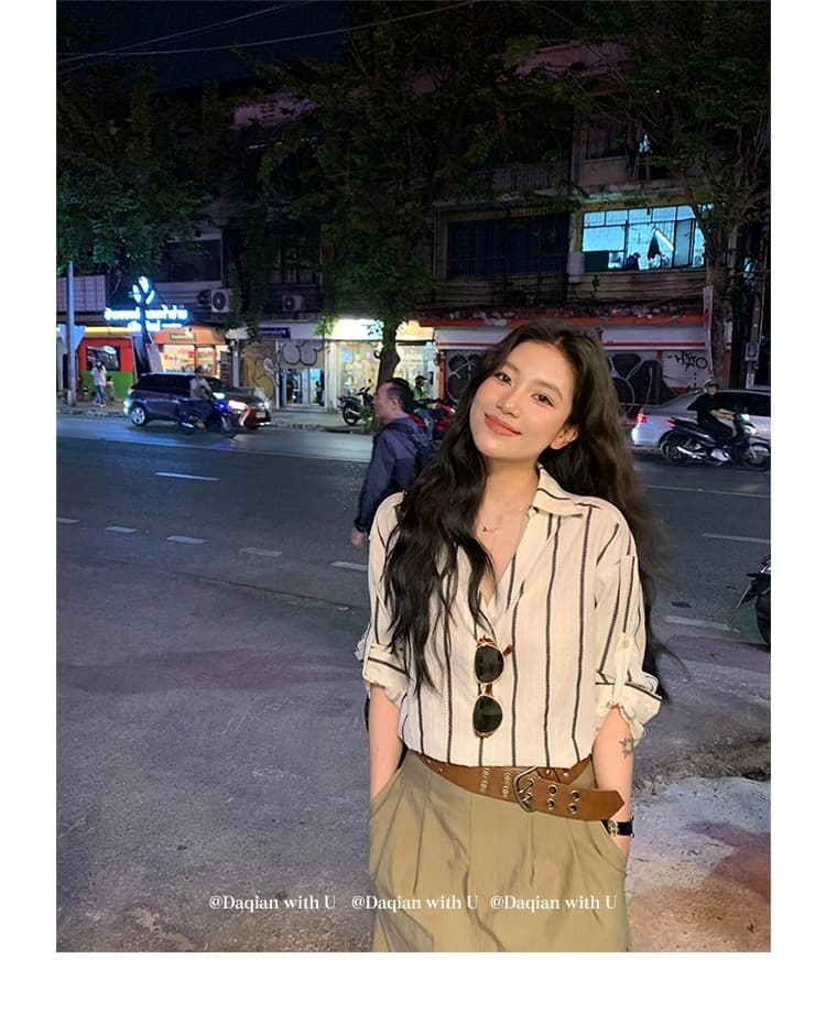 밀 귀 자카드 자수 질감 스트라이프 셔츠 출퇴근 디자인 센스 루즈핏 맨위 상세 이미지 11