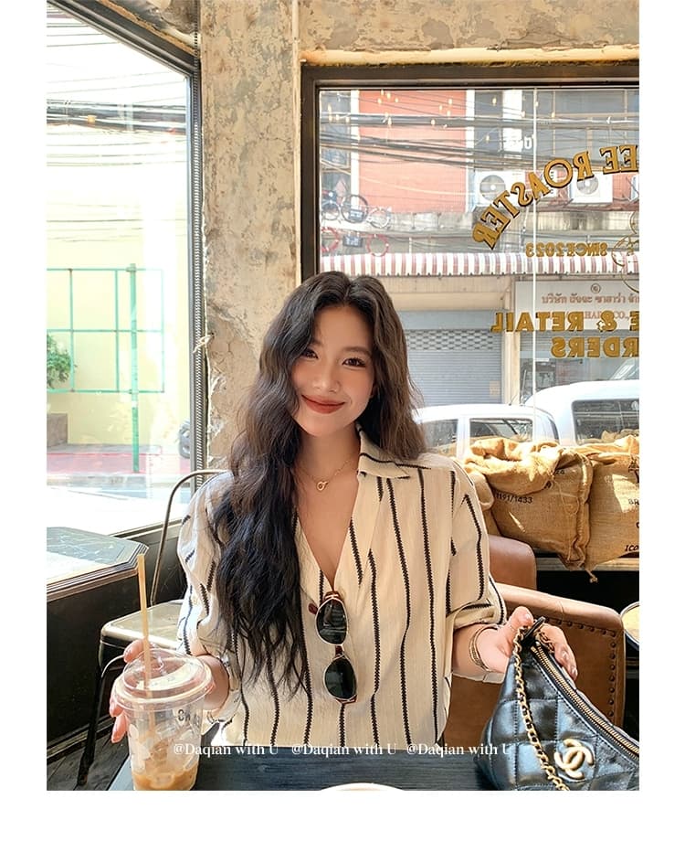 밀 귀 자카드 자수 질감 스트라이프 셔츠 출퇴근 디자인 센스 루즈핏 맨위 상세 이미지 20