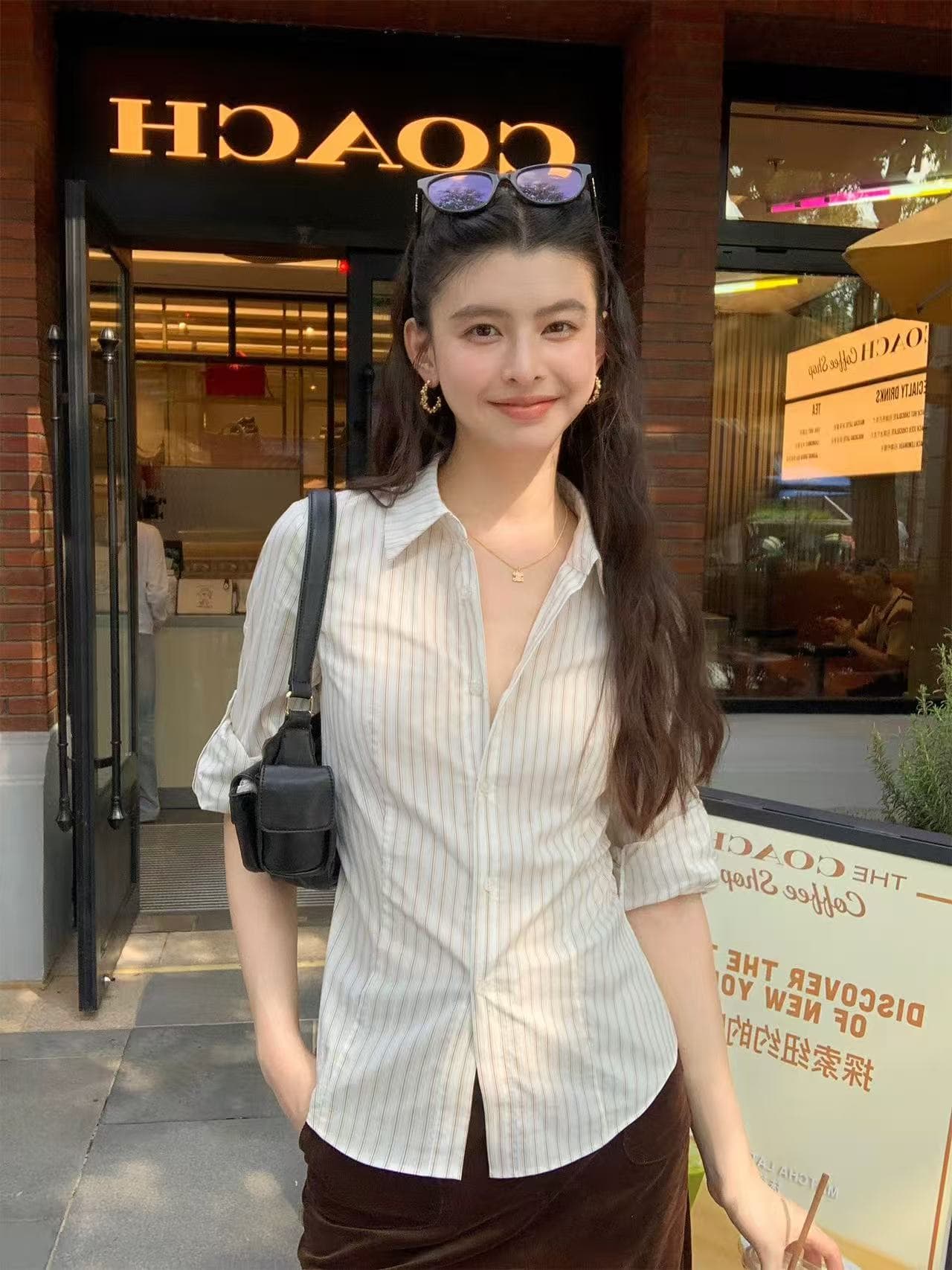 pusumede 지능 로밍 소금 부서 스트라이프 폴로 칼라 셔츠 여성 긴 소매 셔츠 품격 몸매 가꾸기 스택 착용 맨위 상세 이미지 1