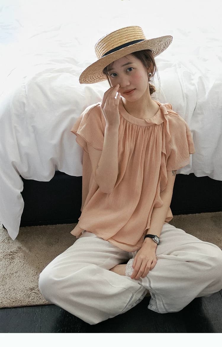 lalaglow Pinellia 달콤한 꿈 하루 종일 실크 프랑스식 프릴 이중층 리본 반팔 여성 셔츠 프로 피부 통기성 상세 이미지 2