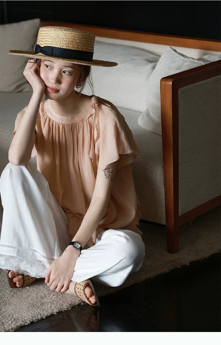 lalaglow Pinellia 달콤한 꿈 하루 종일 실크 프랑스식 프릴 이중층 리본 반팔 여성 셔츠 프로 피부 통기성 상세 이미지 6