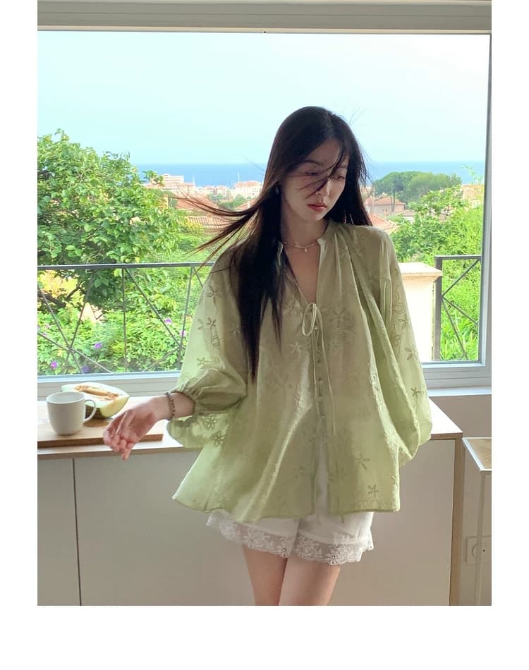무거운 작업 자수 벌룬 소매 셔츠 레이스업 디자인 블라우스 라운드 넥 긴팔 태양 보호 셔츠 여성 여름 맨위 상세 이미지 10