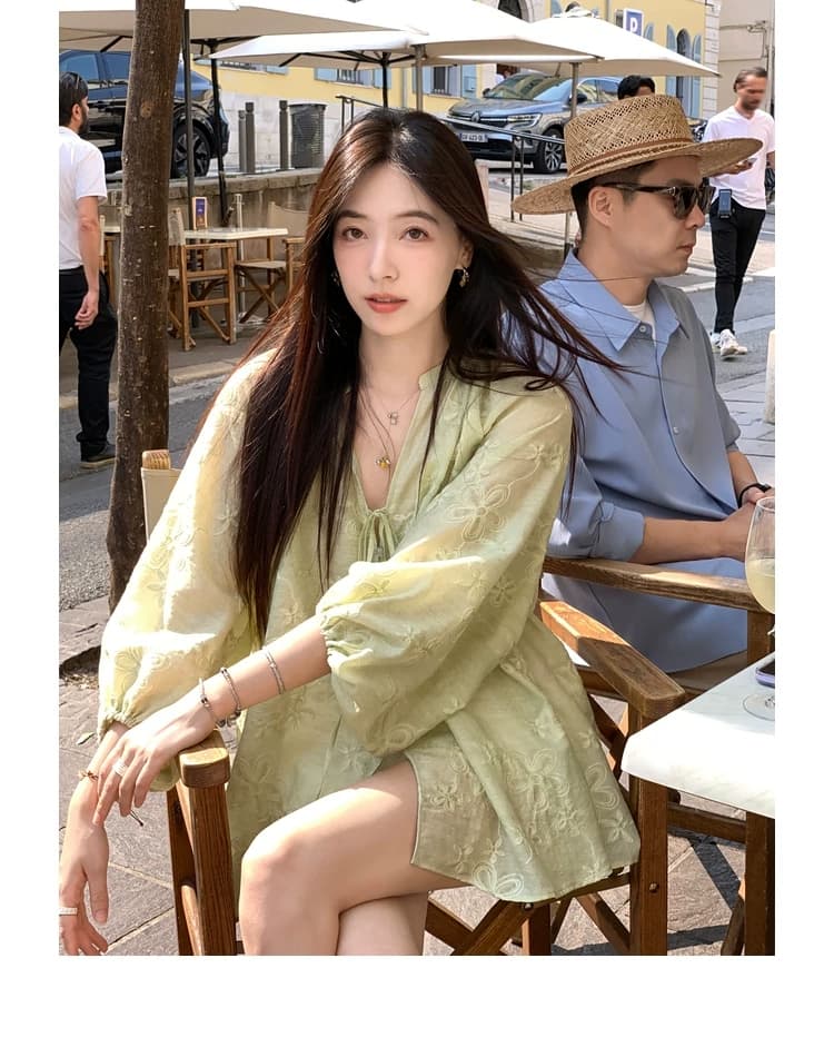 무거운 작업 자수 벌룬 소매 셔츠 레이스업 디자인 블라우스 라운드 넥 긴팔 태양 보호 셔츠 여성 여름 맨위 상세 이미지 12