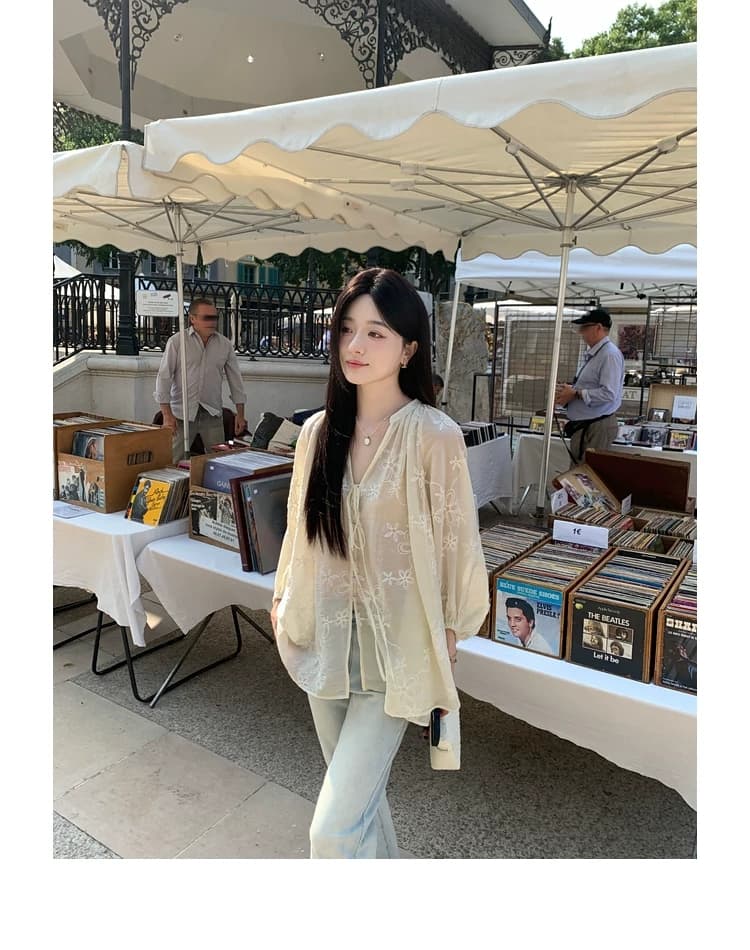 무거운 작업 자수 벌룬 소매 셔츠 레이스업 디자인 블라우스 라운드 넥 긴팔 태양 보호 셔츠 여성 여름 맨위 상세 이미지 28