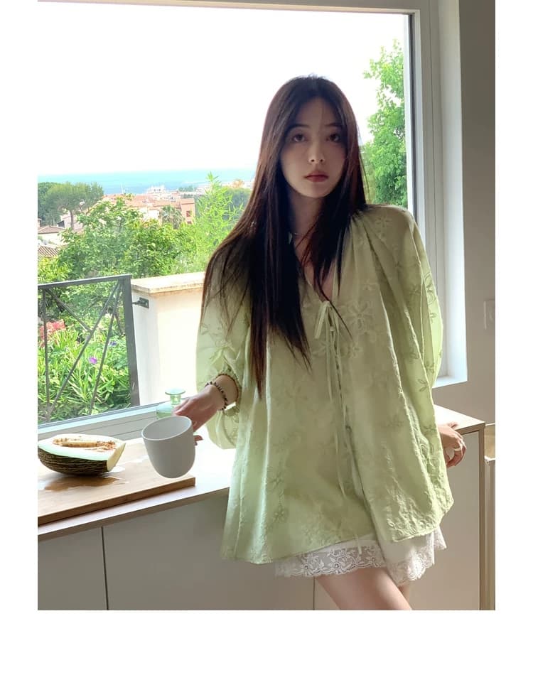 무거운 작업 자수 벌룬 소매 셔츠 레이스업 디자인 블라우스 라운드 넥 긴팔 태양 보호 셔츠 여성 여름 맨위 상세 이미지 34