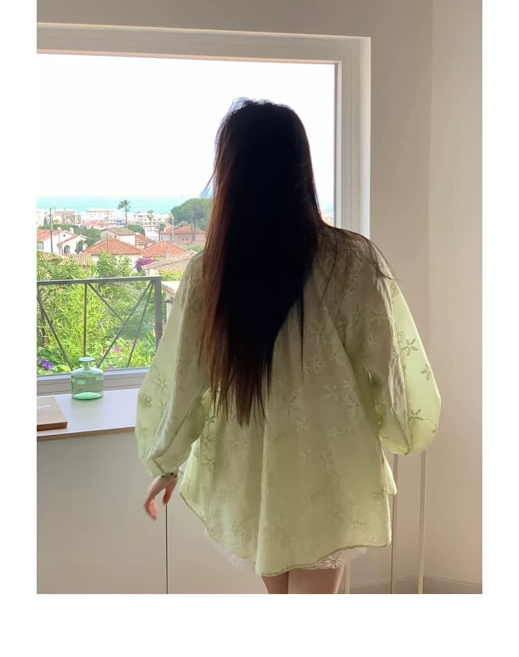 무거운 작업 자수 벌룬 소매 셔츠 레이스업 디자인 블라우스 라운드 넥 긴팔 태양 보호 셔츠 여성 여름 맨위 상세 이미지 36