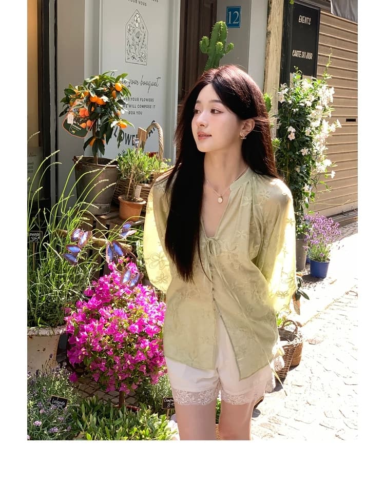 무거운 작업 자수 벌룬 소매 셔츠 레이스업 디자인 블라우스 라운드 넥 긴팔 태양 보호 셔츠 여성 여름 맨위 상세 이미지 46