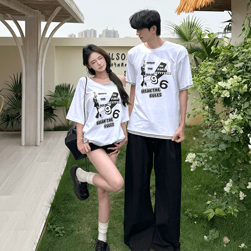 2026 년 여름 새로운 회색 레이스 일방적 인 오프숄더 알파벳 오리지널 티셔츠 여성 티셔츠 48 원 남자 티셔츠 48 원 이미지 3