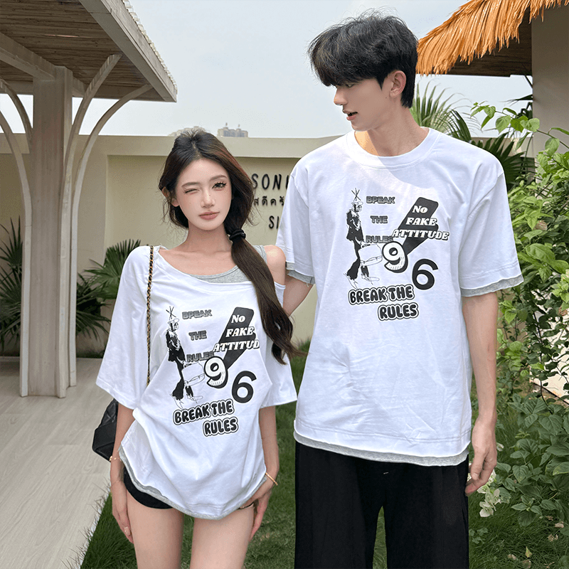 2026 년 여름 새로운 회색 레이스 일방적 인 오프숄더 알파벳 오리지널 티셔츠 여성 티셔츠 48 원 남자 티셔츠 48 원