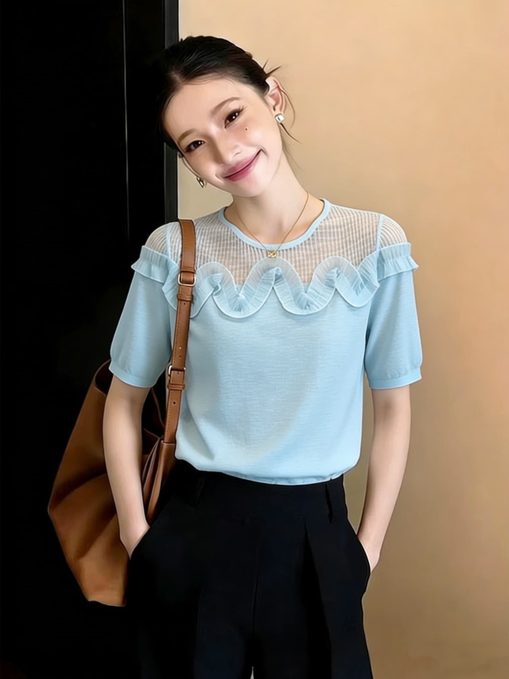 있음 선적 실사 2026 여름 망사 오프숄더 반팔 프릴 루즈핏 슬림해 보이는 패션 티셔츠 상세 이미지 2
