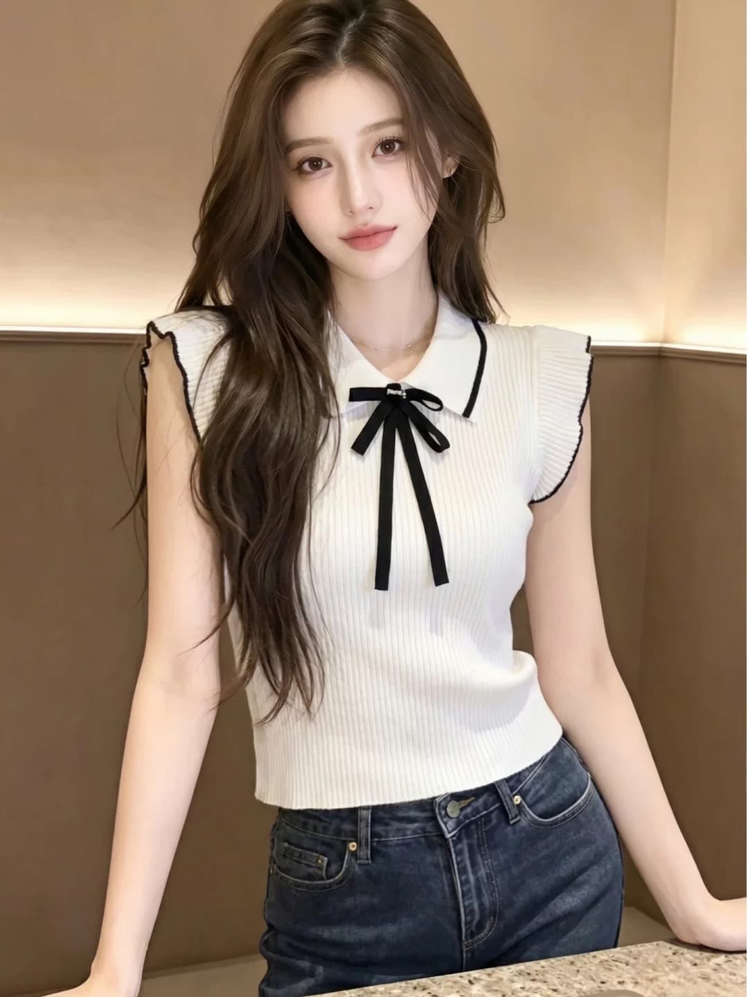 재고 있음 2026 여름 새로운 프랑스식 연령 감소 Feifei 소매 몸매 가꾸기 니트 맨위 상세 이미지 2
