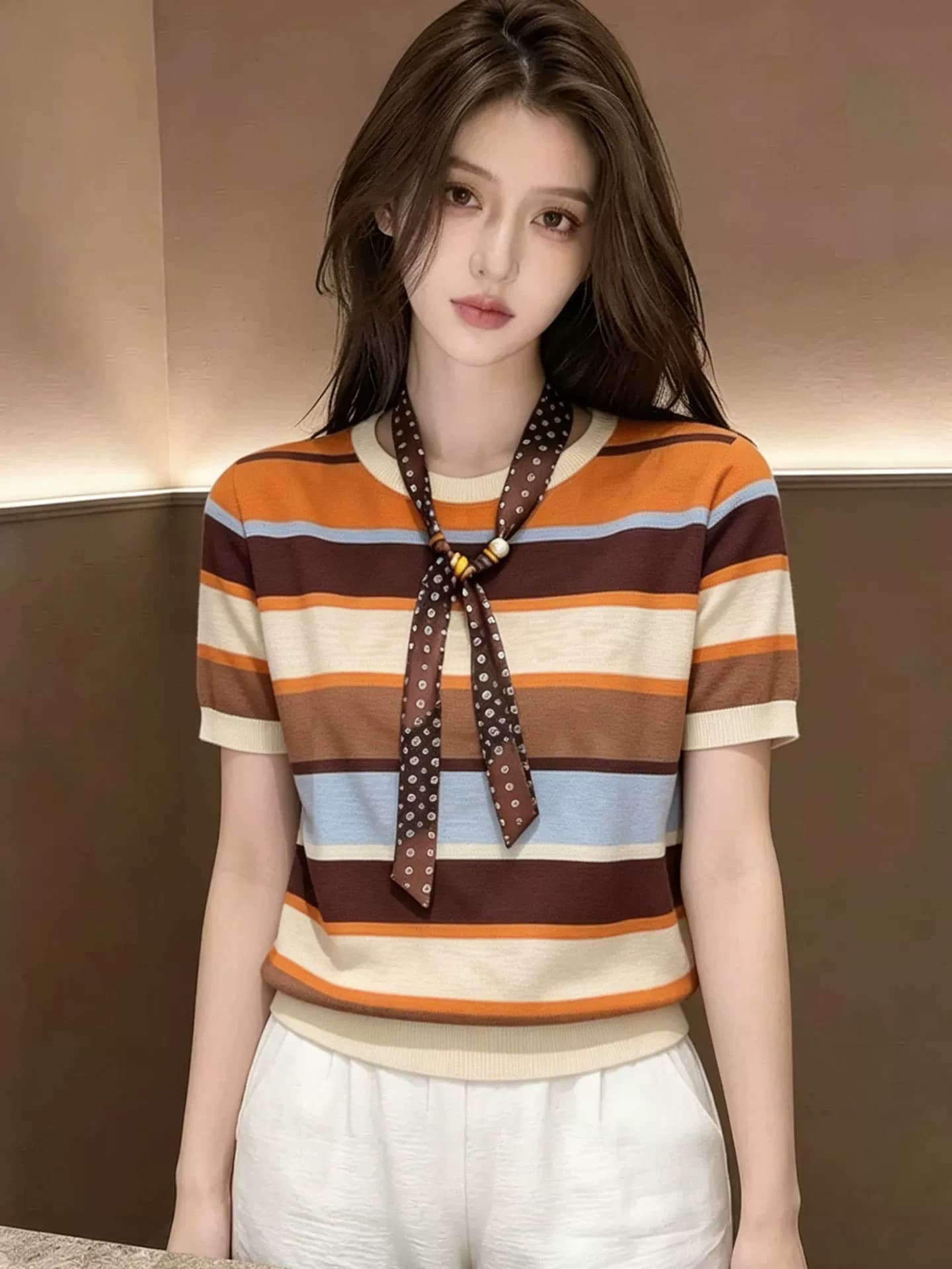 재고 있음 2026 여름 새로운 색상 스트라이프 패치워크 라운드 넥 니트 스웨터 여성 이미지 2