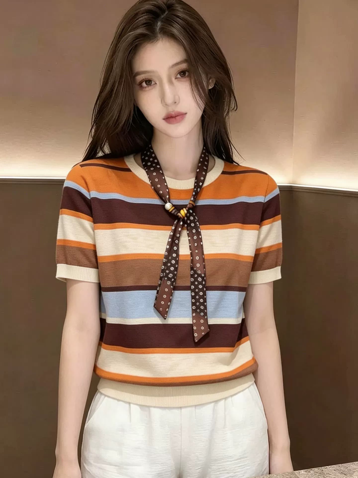 재고 있음 2026 여름 새로운 색상 스트라이프 패치워크 라운드 넥 니트 스웨터 여성 이미지 4
