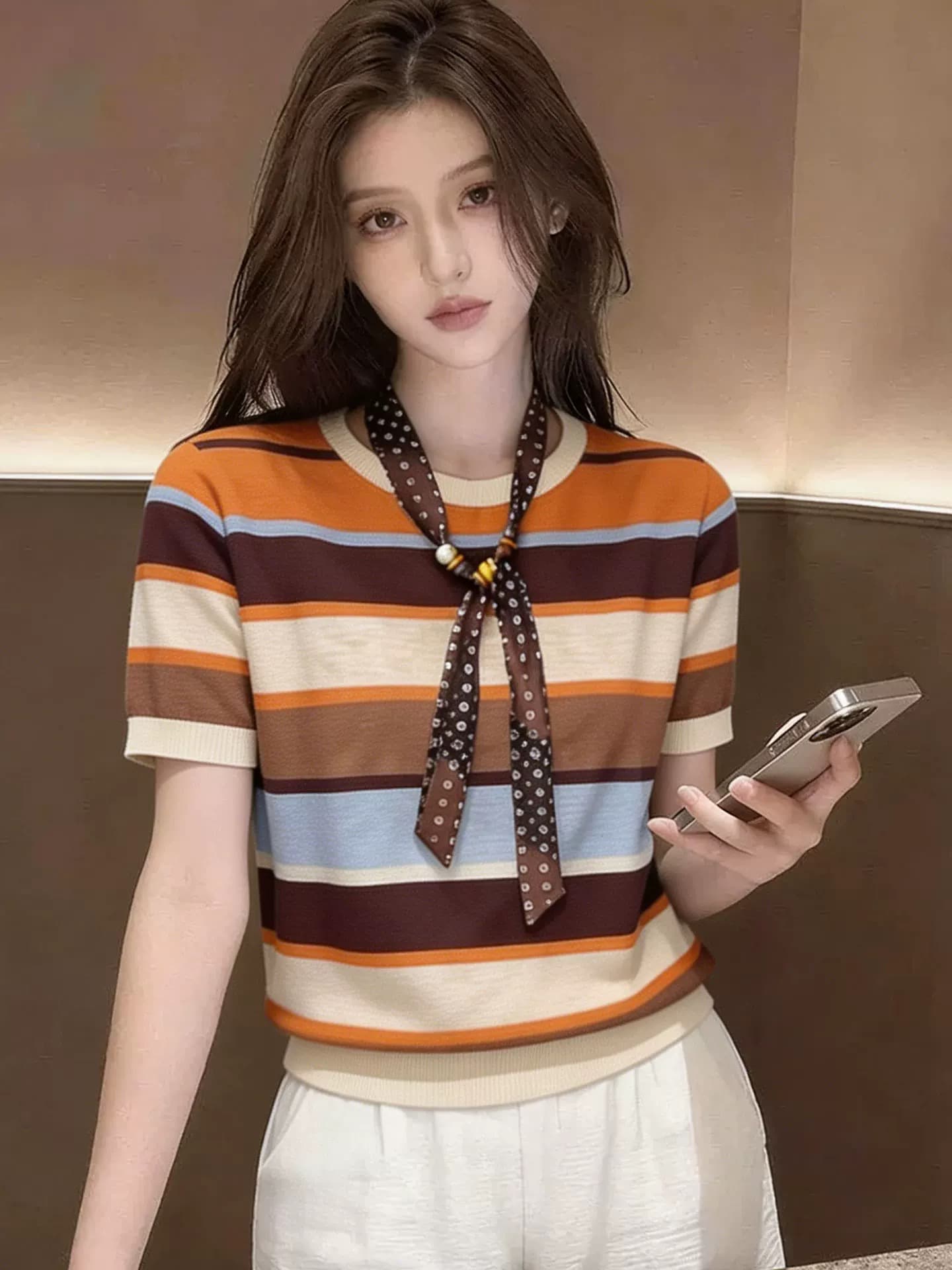 재고 있음 2026 여름 새로운 색상 스트라이프 패치워크 라운드 넥 니트 스웨터 여성 상세 이미지 6