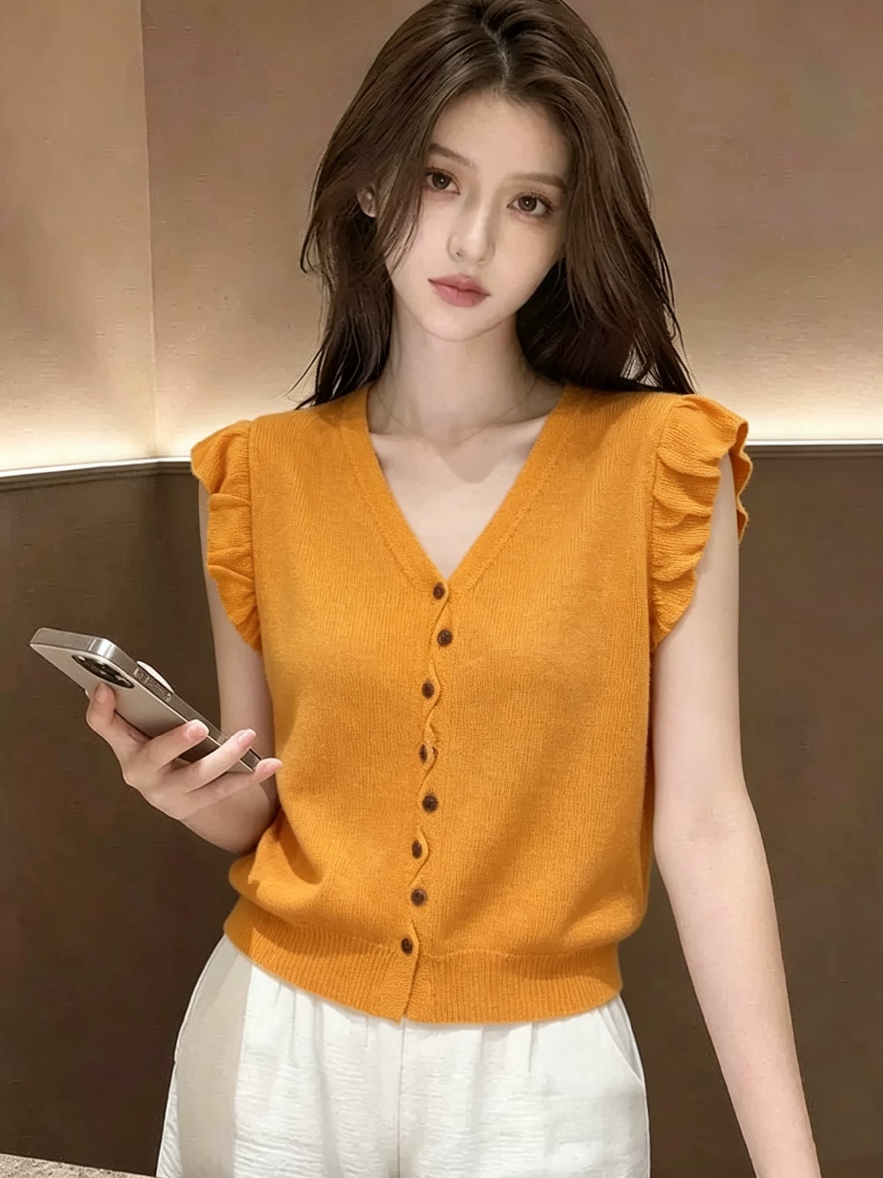 재고 있음 2026 여름 새로운 루즈핏 V넥 Feifei 소매 세련된 단추 니트 V넥 오픈 가디건 차가운 센스 니트 이미지 3