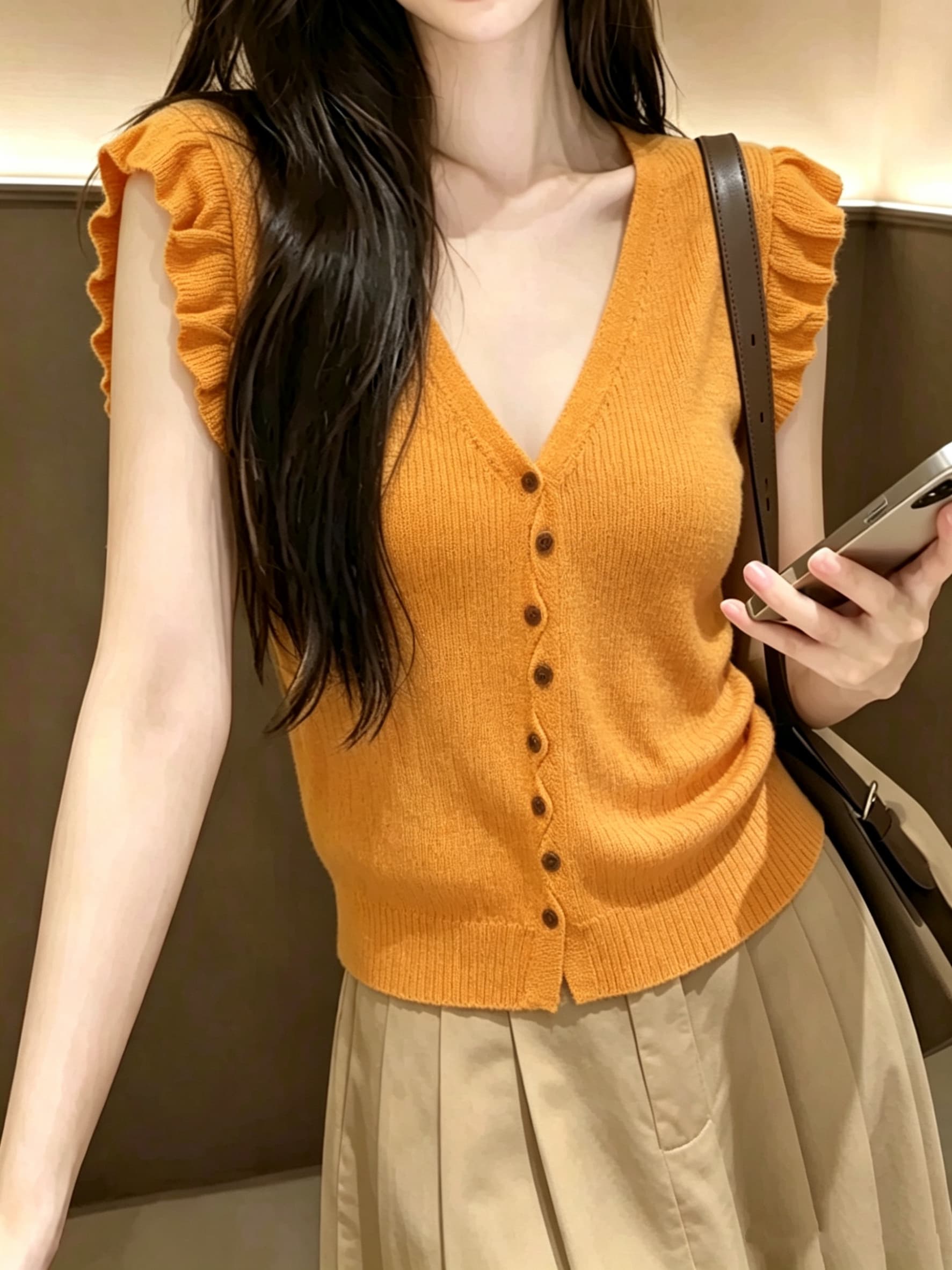 재고 있음 2026 여름 새로운 루즈핏 V넥 Feifei 소매 세련된 단추 니트 V넥 오픈 가디건 차가운 센스 니트 상세 이미지 6