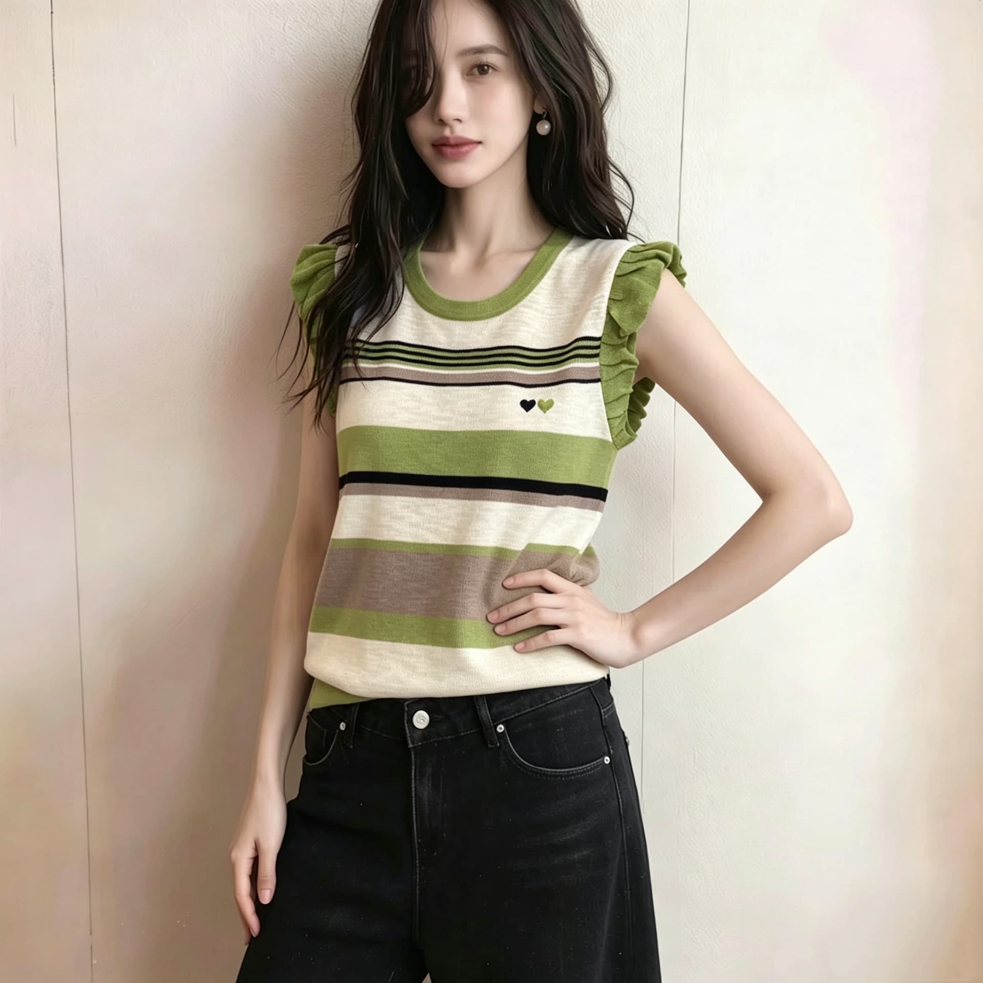 재고 있음 2026 여름 패션 민소매 레이스 라운드 넥 녹색 스트라이프 얼음 실크 니트 스웨터 자수 맨위 상세 이미지 3