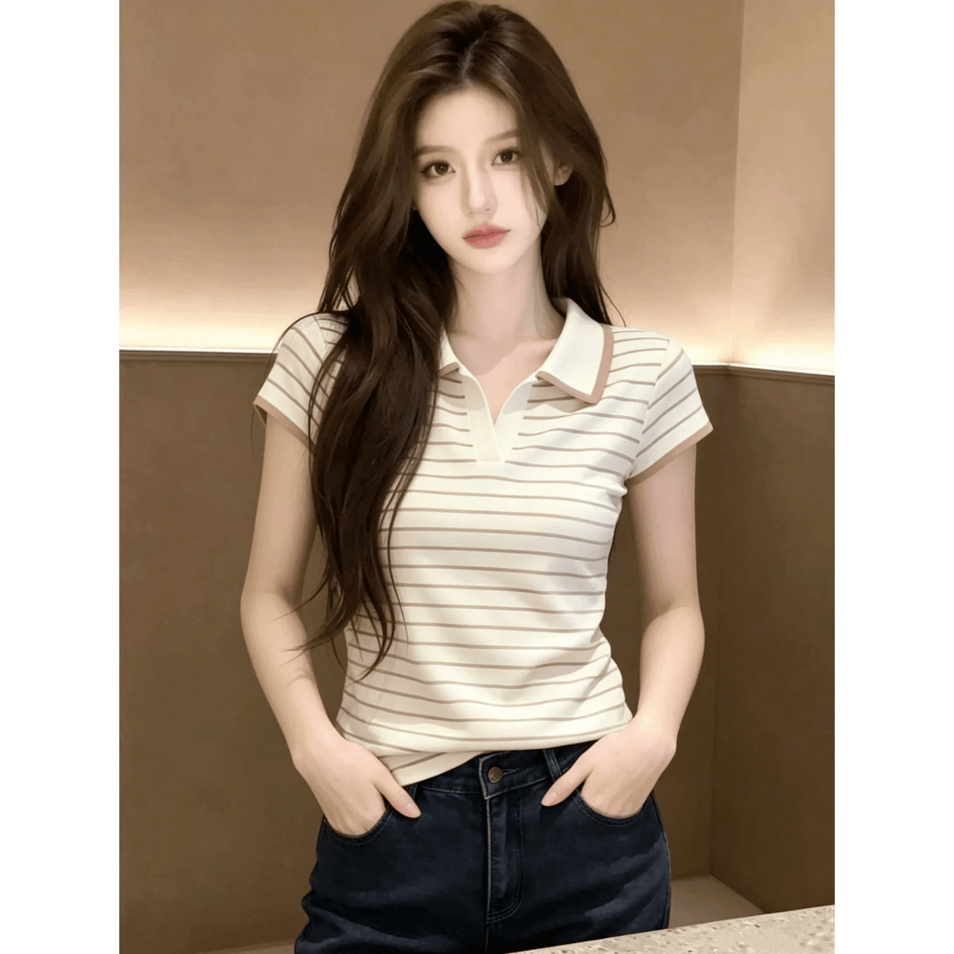 재고 있음 2026 여름 새로운 디자인 센스 스트라이프 POLO 칼라 니트 반팔 얇은 스타일 니트 스웨터 맨위 이미지 5
